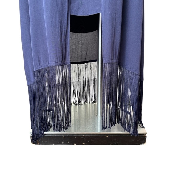 Trina Turk Kearney Silk Hi-Low Fringe Midi Dress in Navy Blue - Picture 4 of 9